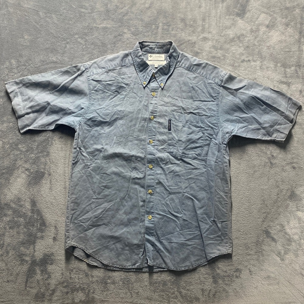 Vintage 90s Columbia Button Down Shirt Mens Medium Blue Ramie Cotton